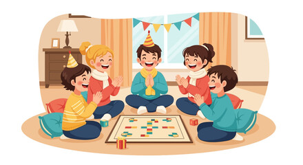 Cheerful Kids Celebrate By Playing Board Games Together In The Living Room