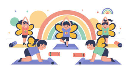 Fototapeta premium Cheerful Kids Enjoying Butterfly Yoga Poses in a Bright, Colorful Cartoon Scene