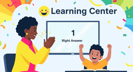 Cheerful Woman Celebrates Child's Achievement In A Joyful Learning Environment
