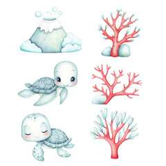 Cute underwater creatures and corals featuring turtles and colorful marine life. Ocean Animals isolated on white background, Transparent Background
