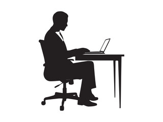 Silhouette of a person working on a laptop at a desk, black silhouette vector, Simple silhouette Design vector icon with white background 