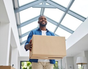 Man holding cardboard box in house