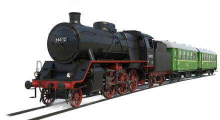 Naklejka premium Classic Black Steam Engine Train with Coaches On Isolated Transparent Background