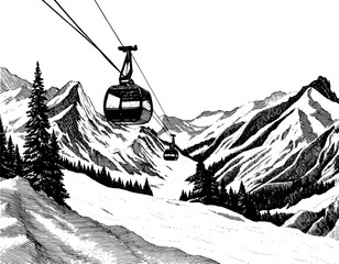 Vintage black and white illustration of mountain cable cars for alpine tourism