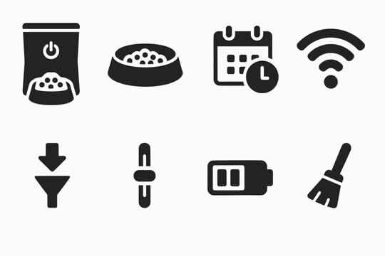 Pet care solid icon set. feeding, schedule, wifi, battery, cleaning symbols