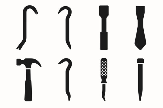 Construction tool solid icon set. hammer, screwdriver, crowbar illustrations