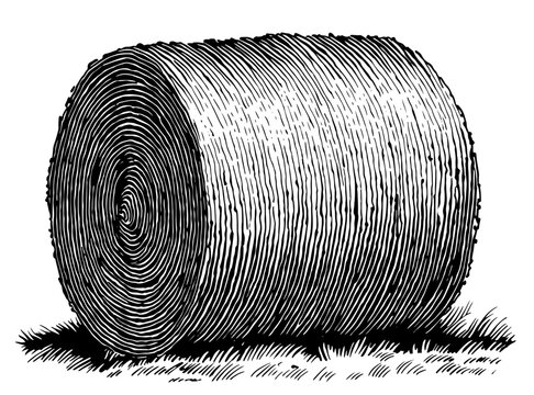 Round hay bale woodcut style in black and white