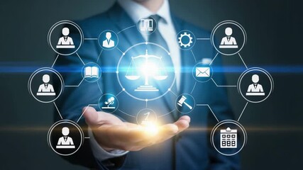 Dynamic law firm promo with scales of justice, legal icons, and business suit shows justice, authority, fairness, and the legal system in action