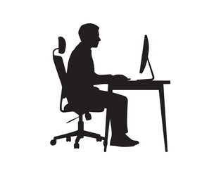 Silhouette of a man sitting at a desk and working on a computer, black silhouette vector, Simple silhouette Design vector icon with white background 