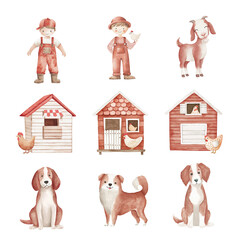 Whimsical farm animals and characters in a colorful illustration for children. Cute Farm isolated on white background, Transparent Background