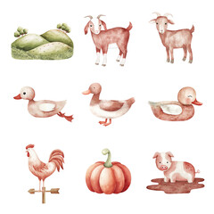 Colorful watercolor illustrations of farm animals and plants for a whimsical touch. Cute Farm isolated on white background, Transparent Background