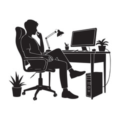 Silhouette of a man sitting at a desk with a computer and plants, black silhouette vector, Simple silhouette Design vector icon with white background 