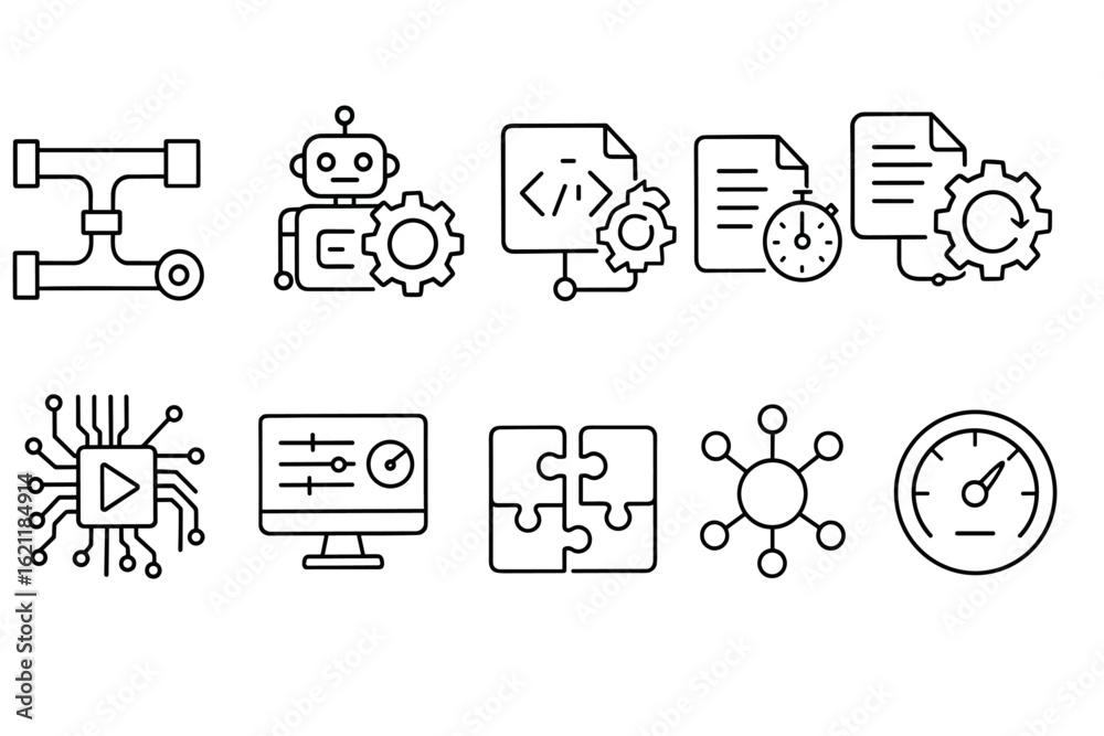 Wall mural technology and automation line icon set. robotics, coding, gear outline collection