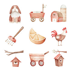 A charming collection of farm-themed illustrations showcasing various animals and tools. Cute Farm isolated on white background, Transparent Background