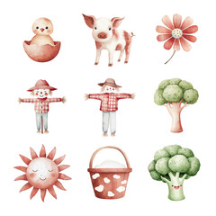 Whimsical watercolor illustrations of farm life with animals and nature. Cute Farm isolated on white background, Transparent Background