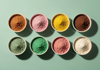 Eight bowls of colorful powders and pigments