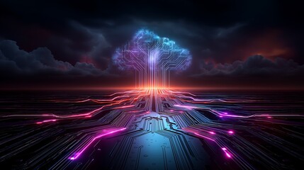 Luminescent Digital Circuit Landscape - Vibrant Pink, Purple & Blue Tech Pathways with Pixel Cloud Icon, Dark Futuristic Background