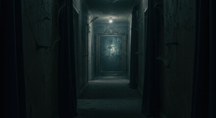 Obraz premium Dark Haunted Hallway with Faint Blue Light and Fog 