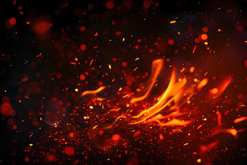 Fiery embers and sparks glowing intensely dark background,