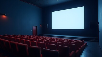 modern movie theater with red seats and blank screen