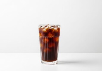 Iced coffee in a tall glass isolated on white background