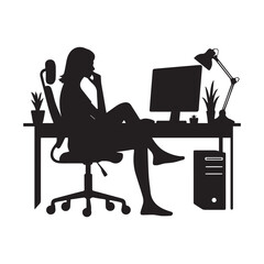 Silhouette of a woman working at a desk with a computer and lamp, black silhouette vector, Simple silhouette Design vector icon with white background 