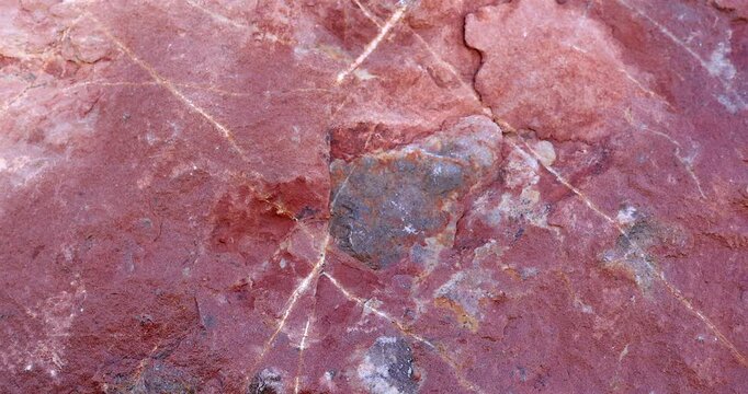 Closeup red rock abstract surface detail with cracks and crevice pattern pull-back movement