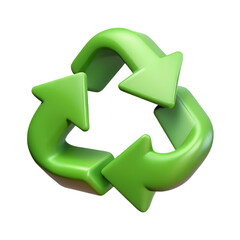 Green recycle symbol with three arrows in clockwise rotation isolated on transparent background representing environmental conservation and sustainable development