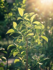 Sunlit tree branch with vibrant green leaves, symbolizing growth and nature's beauty.