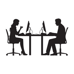 Two silhouetted figures working on computers at desks in an office setting, black silhouette vector, Simple silhouette Design vector icon with white background 