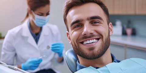 Bearded young man sitting in dental chair with teeth cleaned, smiling at female dentist