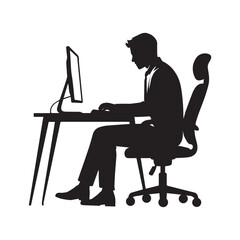 Silhouette of a man sitting at a desk working on a computer, black silhouette vector, Simple silhouette Design vector icon with white background 