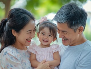 Fototapeta premium Smiling family of three enjoying a moment together outdoors on a sunny day.
