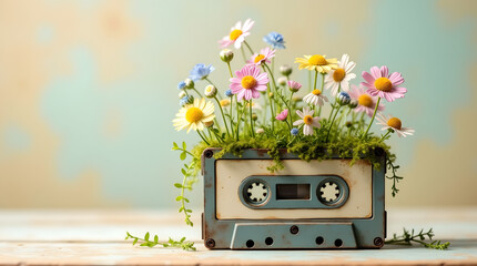 A vintage retro cassette tape transformed into a miniature flower pot
