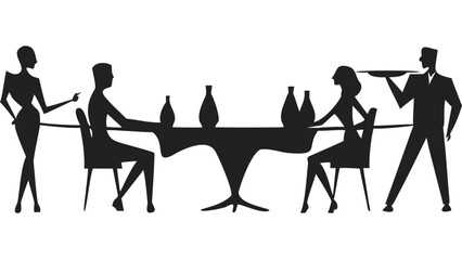 Silhouette of people dining in a restaurant with a waiter and a hostess near the table created with generated ai