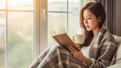 Fototapeta premium Woman sitting by large window reading a book, morning light, cozy blanket and cup of tea.