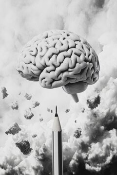 Inventive brain exploding into space.