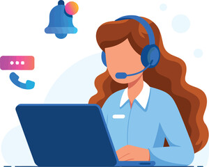 female customer support representative with headset working on laptop with notifications and call icons

