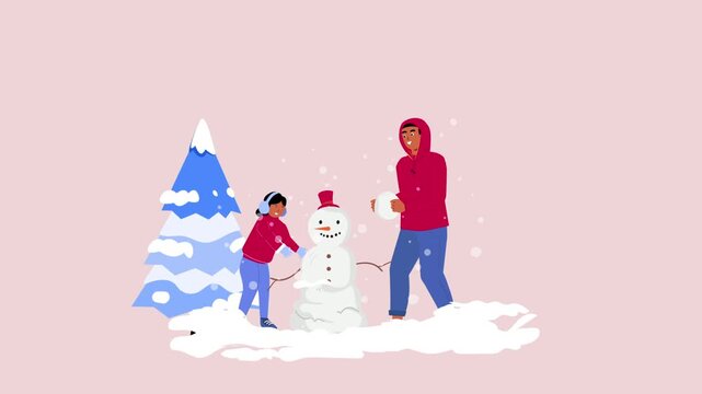 Family Making a Snowman in the Snow, 2D Animation for Winter Fun, Holiday Spirit, and Outdoor Family Activity in 4K