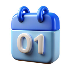 A vibrant 3d calendar icon displaying the number 01, isolated on transparent background, perfect for representing dates, events, and scheduling