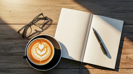 Cozy creative workspace flat-lay with coffee and notebook.