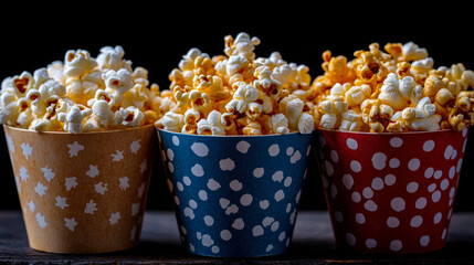Assortment of classic and caramel popcorn varieties overflowing from three vibrant, patterned movie night cups on a dark background