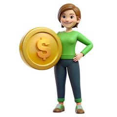 Cartoon woman holding a large gold dollar coin, isolated on transparent background, representing financial success and investment for future growth and security