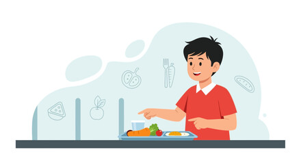Boy Points To A Tray Of Nutritious Food Choices Promoting Healthy Eating Habits