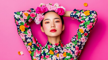 Vibrant portrait of a radiant Asian woman in a colorful floral dress and blossoming flower crown, posing playfully against a vivid hot pink backdrop with scattered petals, exuding fresh spring beauty