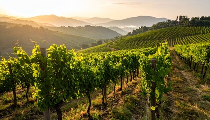 Fototapeta premium Golden Hour Vineyard Rolling Hills Sunlit Vines Tuscan Landscape.