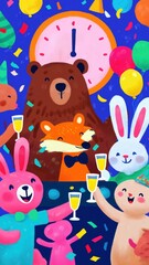 Obraz premium Colorful animal celebration with clock, confetti, and balloons