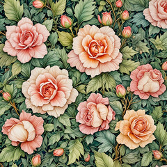 Soft pink roses in full bloom with green leaves. Romantic floral pattern