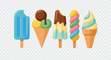 Assortment of ice cream cones and popsicles, some with bites taken out, highlighting delicious frozen desserts
