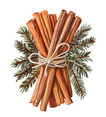 Watercolor illustration of a bundle with cinnamon stick on white background